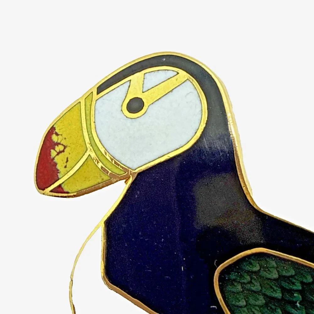 Vintage Cloisonne PUFFIN BIRD Brooch Black White Yellow Enamel Lapel Pin 2